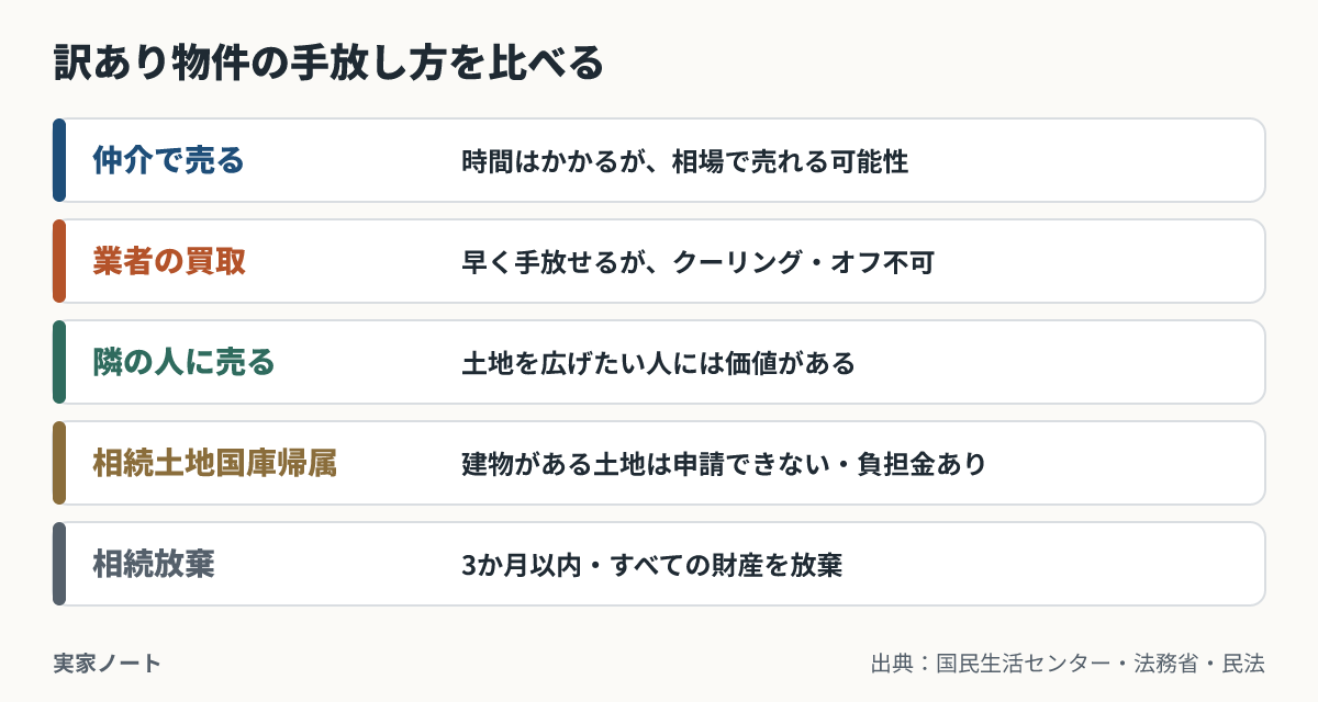訳あり物件の手放し方の比較。仲介で売る：時間がかかるが相場で売れる可能性。業者の買取：早いがクーリング・オフ不可。隣の人に売る：土地を広げたい人には価値がある。相続土地国庫帰属：建物がある土地は申請できない、負担金がかかる。相続放棄：3か月以内、すべての財産を放棄
